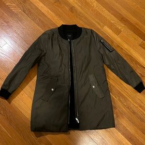 Olive green black sherpa long bomber coat jacket S zip up